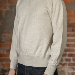 Buzz Rickson's BR65622 Set-in Crew Neck Sweatshirt in Oatmeal - On model, facing side