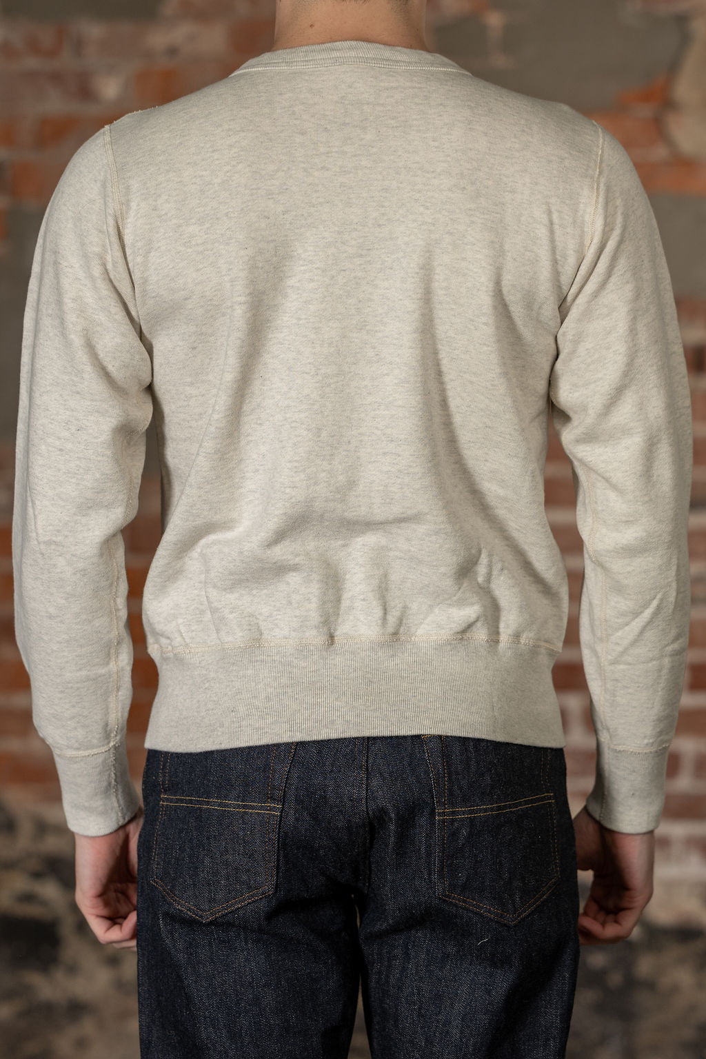 Buzz Rickson's BR65622 Set-in Crew Neck Sweatshirt in Oatmeal - On model, facing rear
