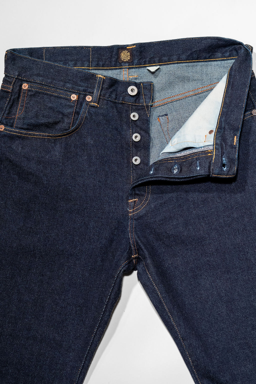 Indigofera Kirk No.9 14oz - Indigo - buttonfly detail