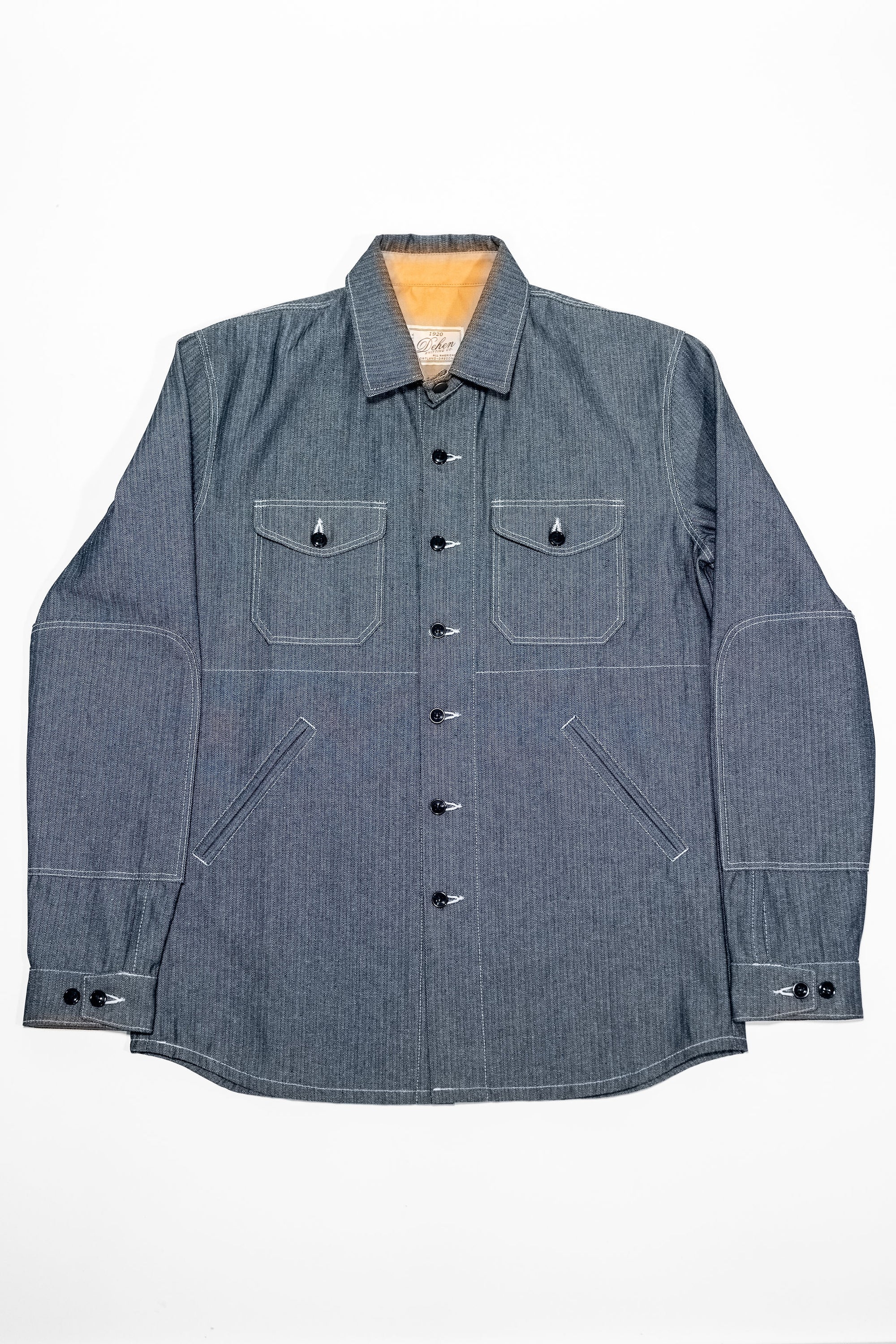 Dehen 1920 Crissman Overshirt - Indigo Herringbone Bull Denim on laid flat from the front