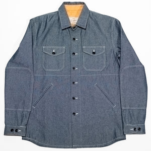 Dehen 1920 Crissman Overshirt - Indigo Herringbone Bull Denim on laid flat from the front