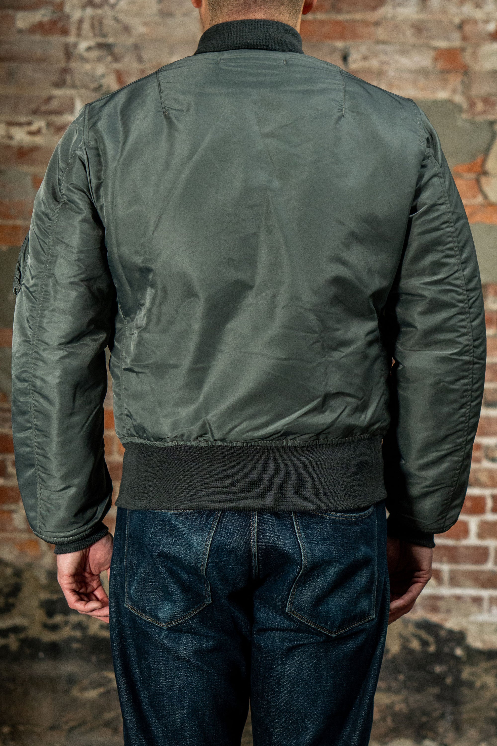 Buzz Rickson's BR14920 Type MA-1 Jacket in Green - On model, facing rear