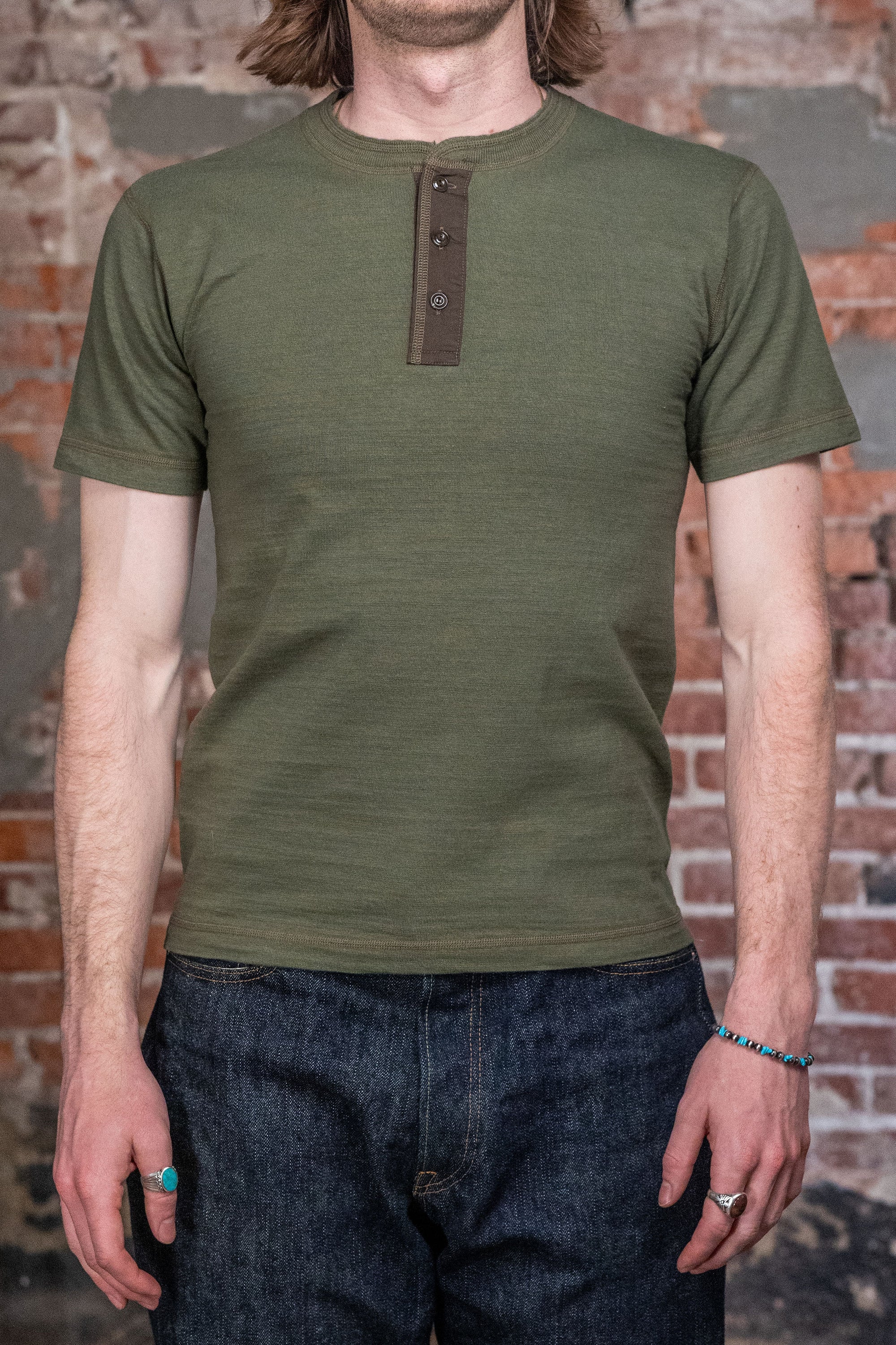 Buzz Rickson's BR79192 Slub Yarn Henley Neck T-Shirt - Olive