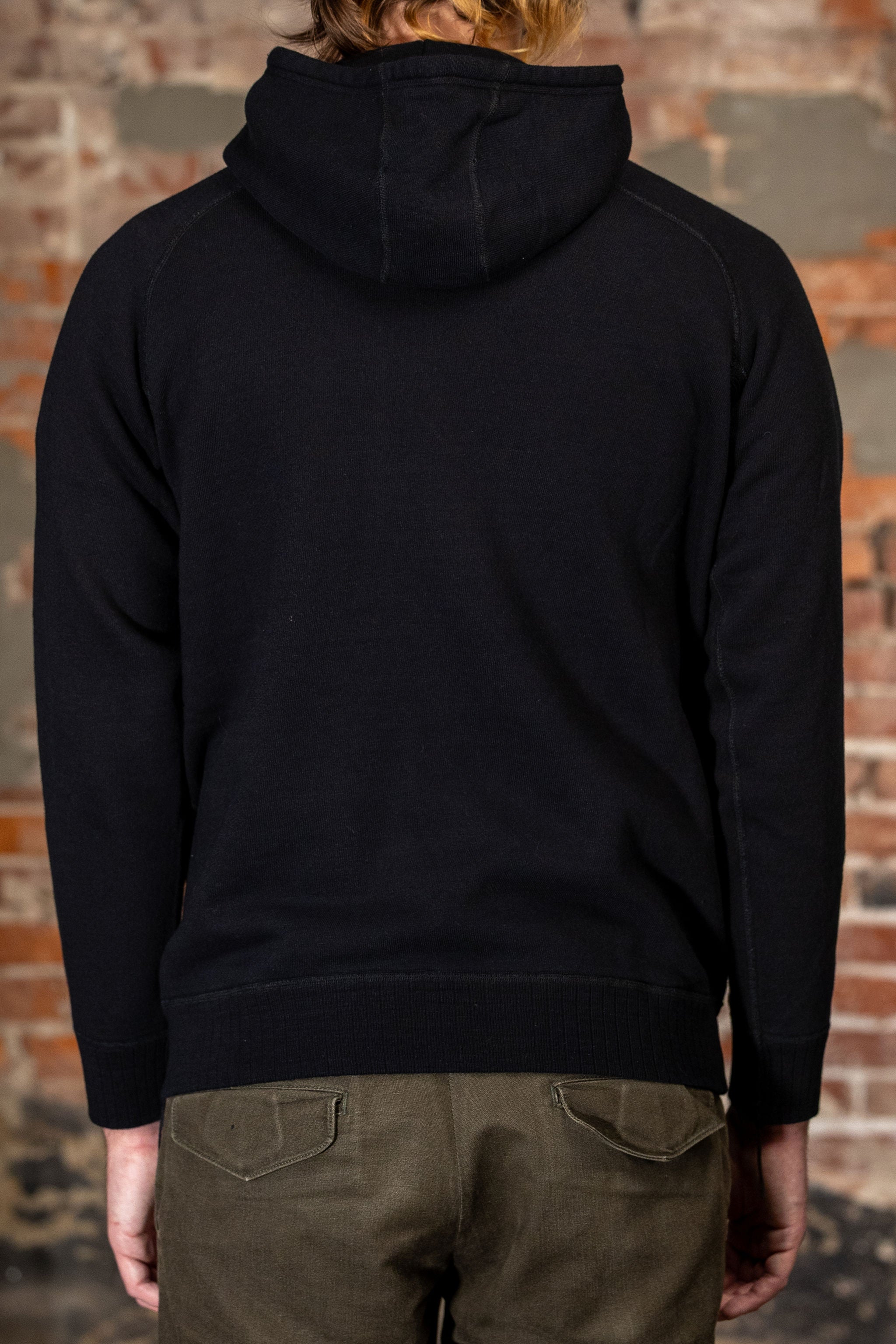 Pure Blue Japan 5410-IDBK Knitted Hoodie - Indigo Black. on model back profile