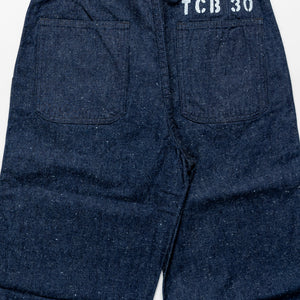 TCB Jeans Seamens Trousers - 10oz Neppy Denim Indigo One Wash. laid on front
