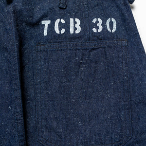 TCB Jeans Seamens Trousers - 10oz Neppy Denim Indigo One Wash. close up of back pocket 