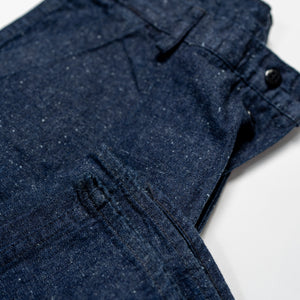 TCB Jeans Seamens Trousers - 10oz Neppy Denim Indigo One Wash. laid flat with cuff showing