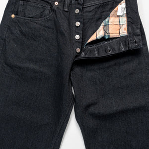 TCB Jeans Late S40's Jeans BK - 14oz Black Denim One Wash. close up with front button undone