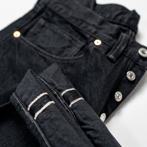 TCB Jeans Late S40's Jeans BK - 14oz Black Denim One Wash. laid flat with close up of cuff