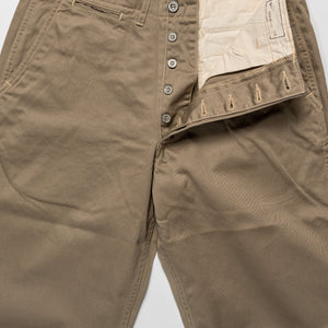 TCB Jeans Stay Gold Chino - 41 Khaki. laid on back with buttons undone
