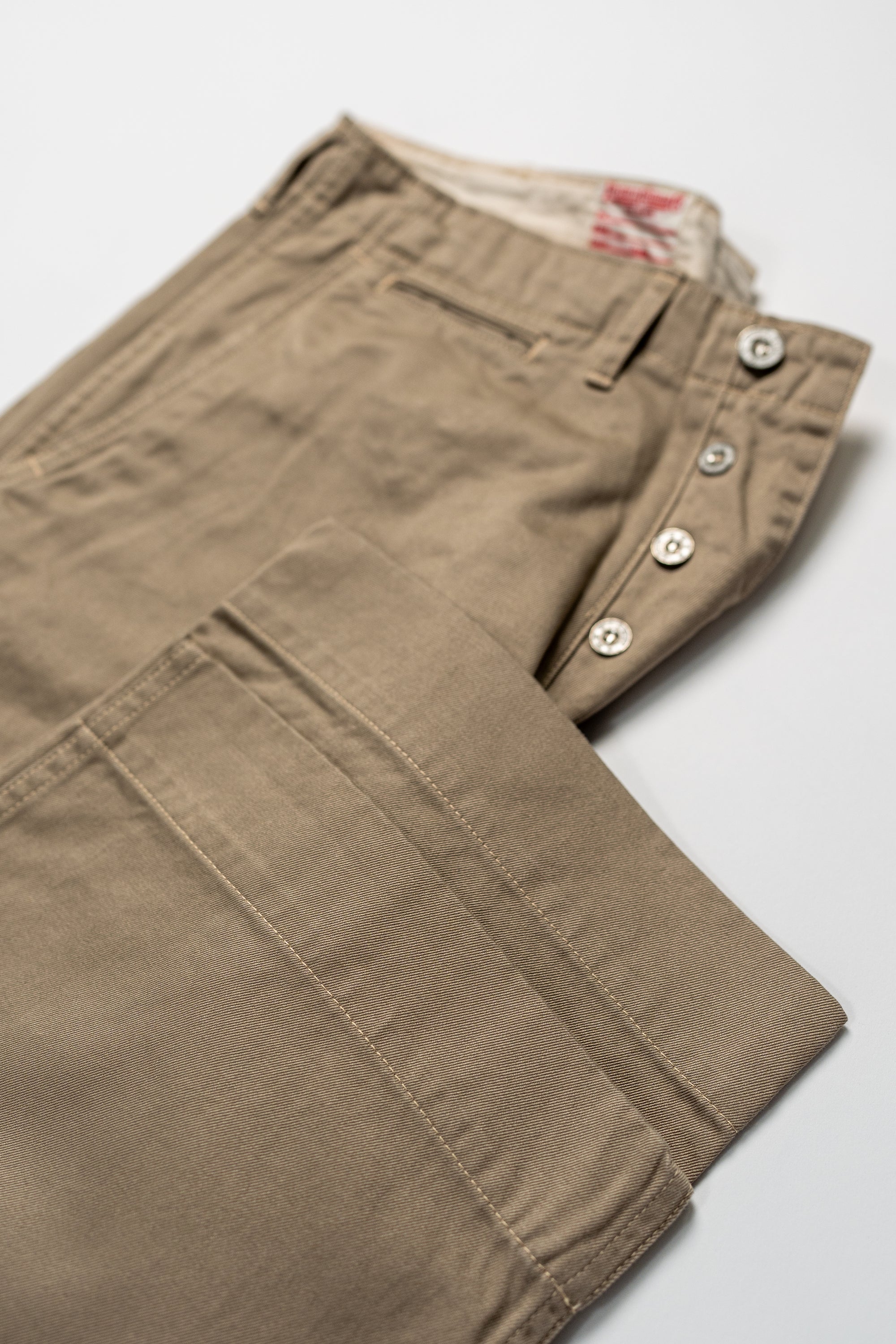 TCB Jeans Stay Gold Chino - 41 Khaki. laid flat with cuff showing