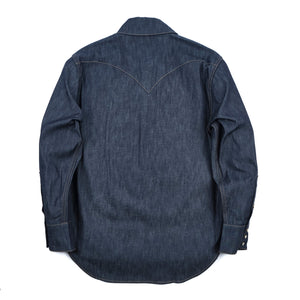 Dark indigo denim western-style shirt with white snaps and two snap chest pockets, laying flat back view