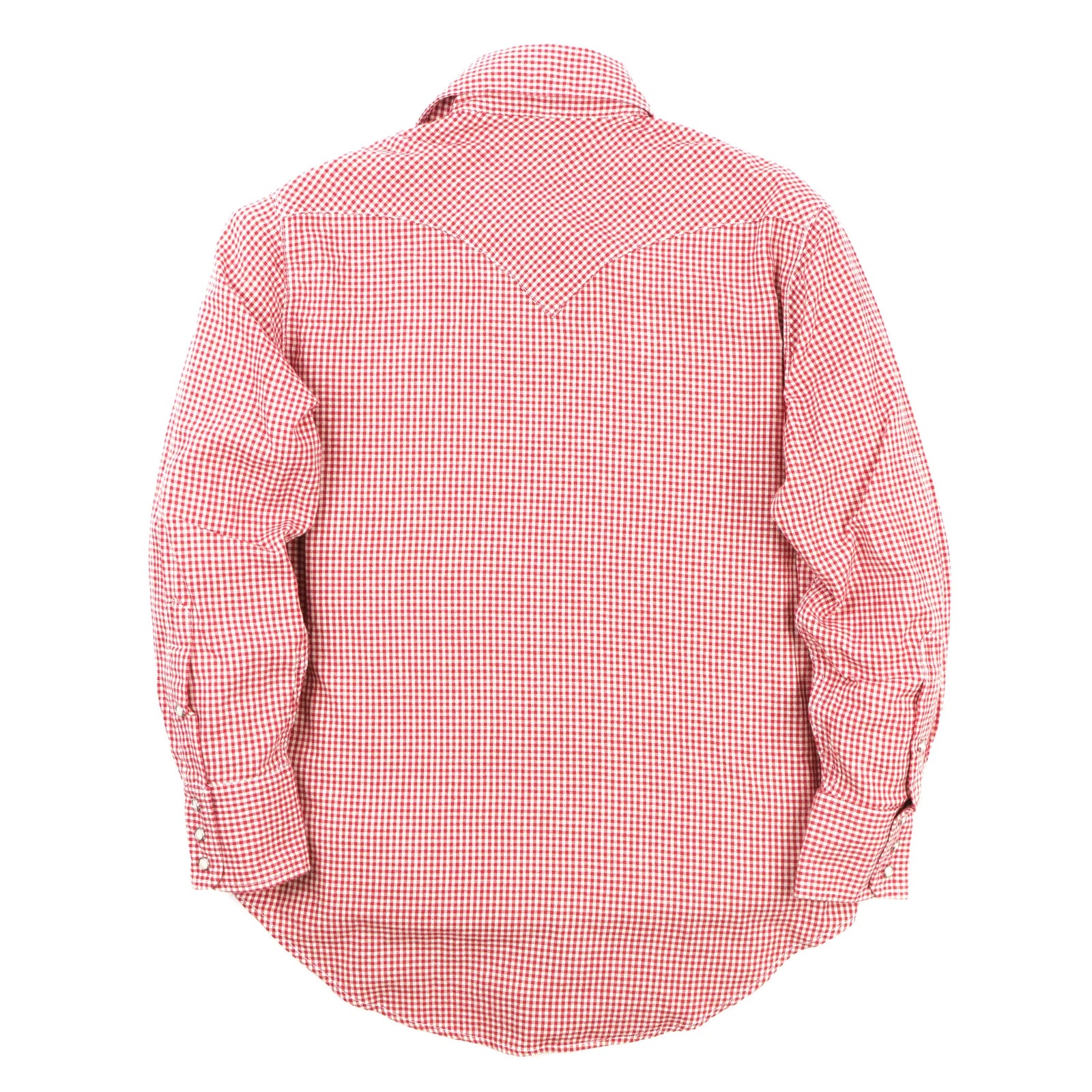 Red and white gingham western-style button-down shirt, back view laying flat