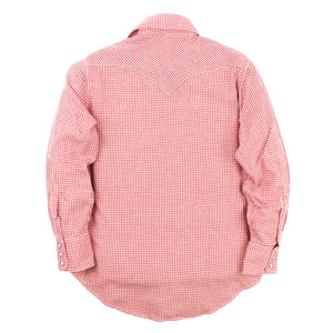 Red and white gingham western-style button-down shirt, back view laying flat