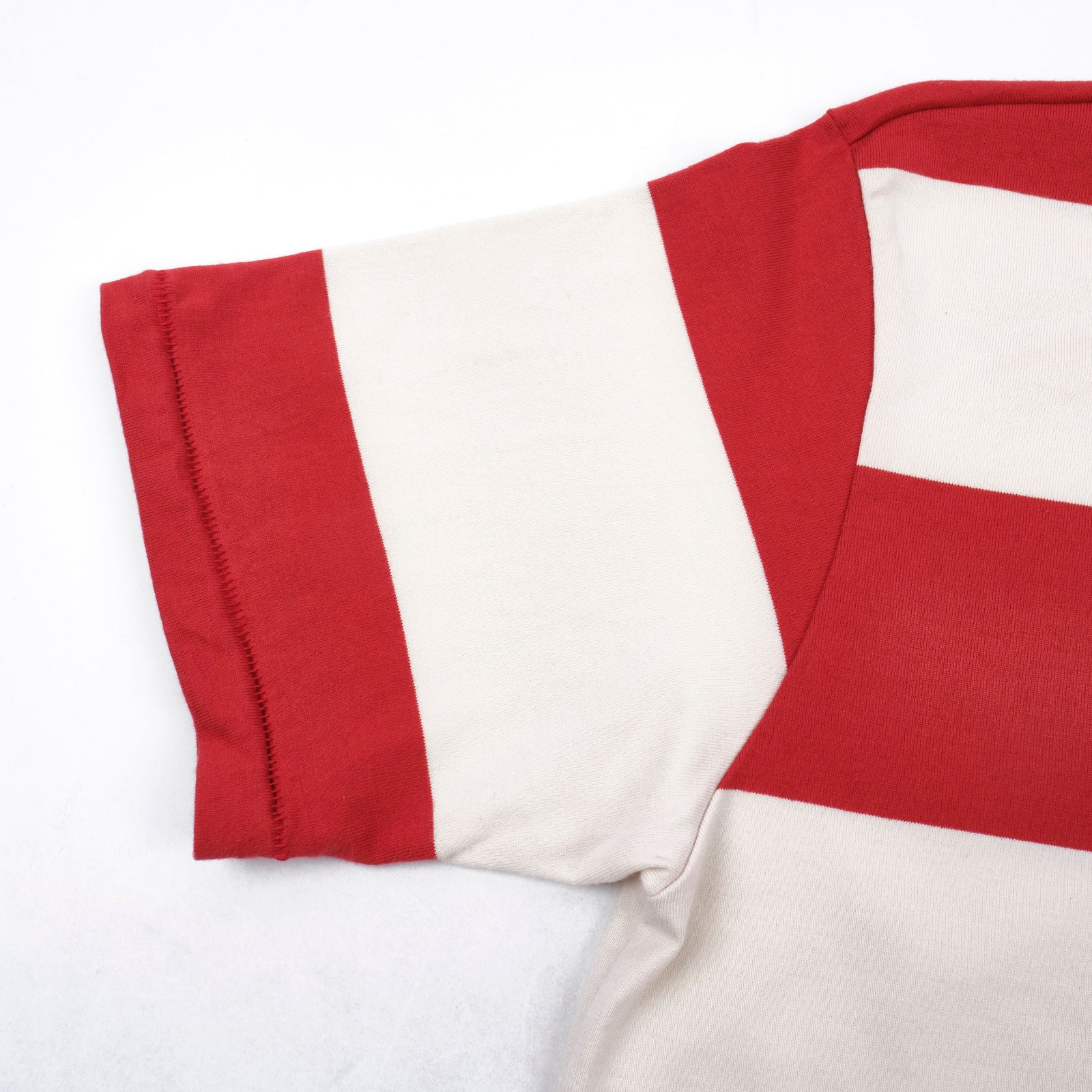 Freenote Cloth Mooch Tee - Red Stripe. detail shot of sleeve