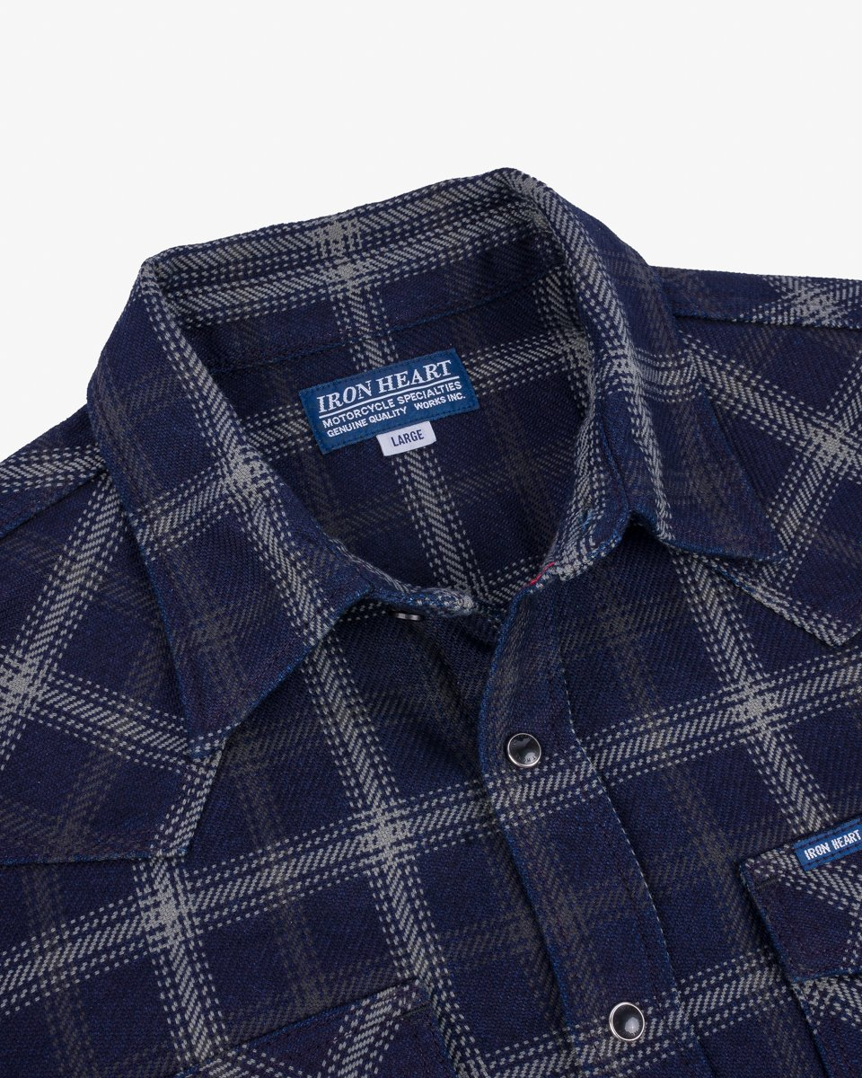 Iron Heart IHSH-411-BLK 9oz Selvedge Indigo Check Flannel Western Shirt - Black