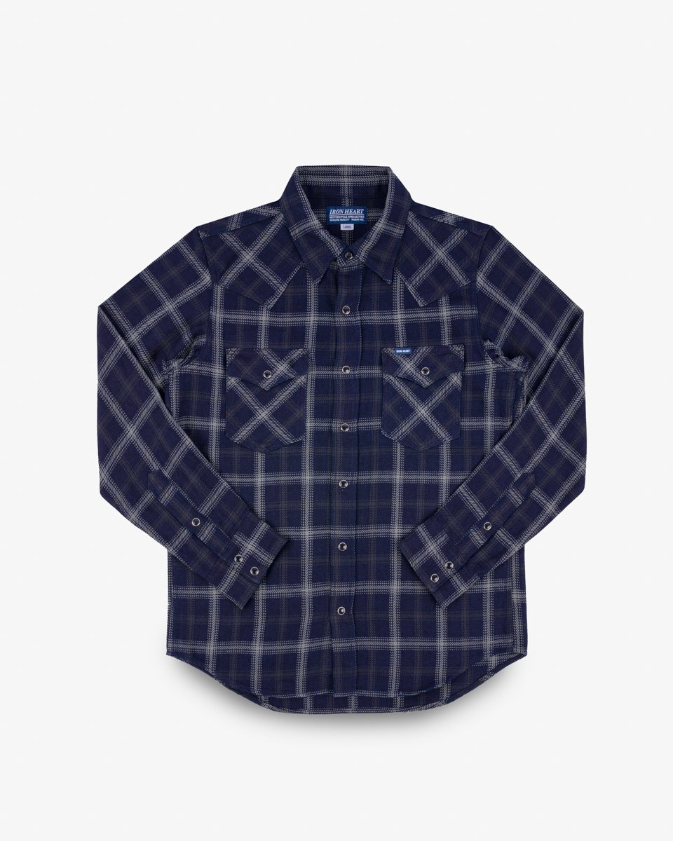 Iron Heart IHSH-411-BLK 9oz Selvedge Indigo Check Flannel Western Shirt - Black