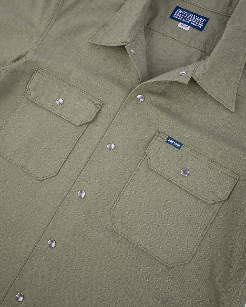 Iron Heart IHSH-415-GRN 8oz Ripstop Short Sleeved Mechanic Shirt - Military Green