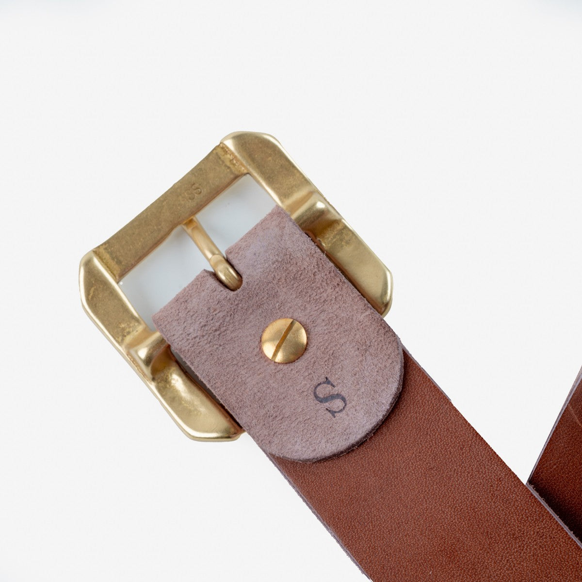 Obbi Good Label Single Prong Garrison Buckle Leather Belt - Rough Out Brown - Detail of underside of buckle from inside of belt