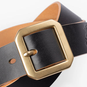 Obbi Good Label Single Prong Garrison Buckle Leather Belt - Hand-Dyed Black - Detail of buckled belt