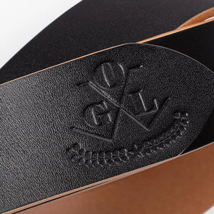 Obbi Good Label Single Prong Garrison Buckle Leather Belt - Hand-Dyed Black - Embossed logo on tip of belt