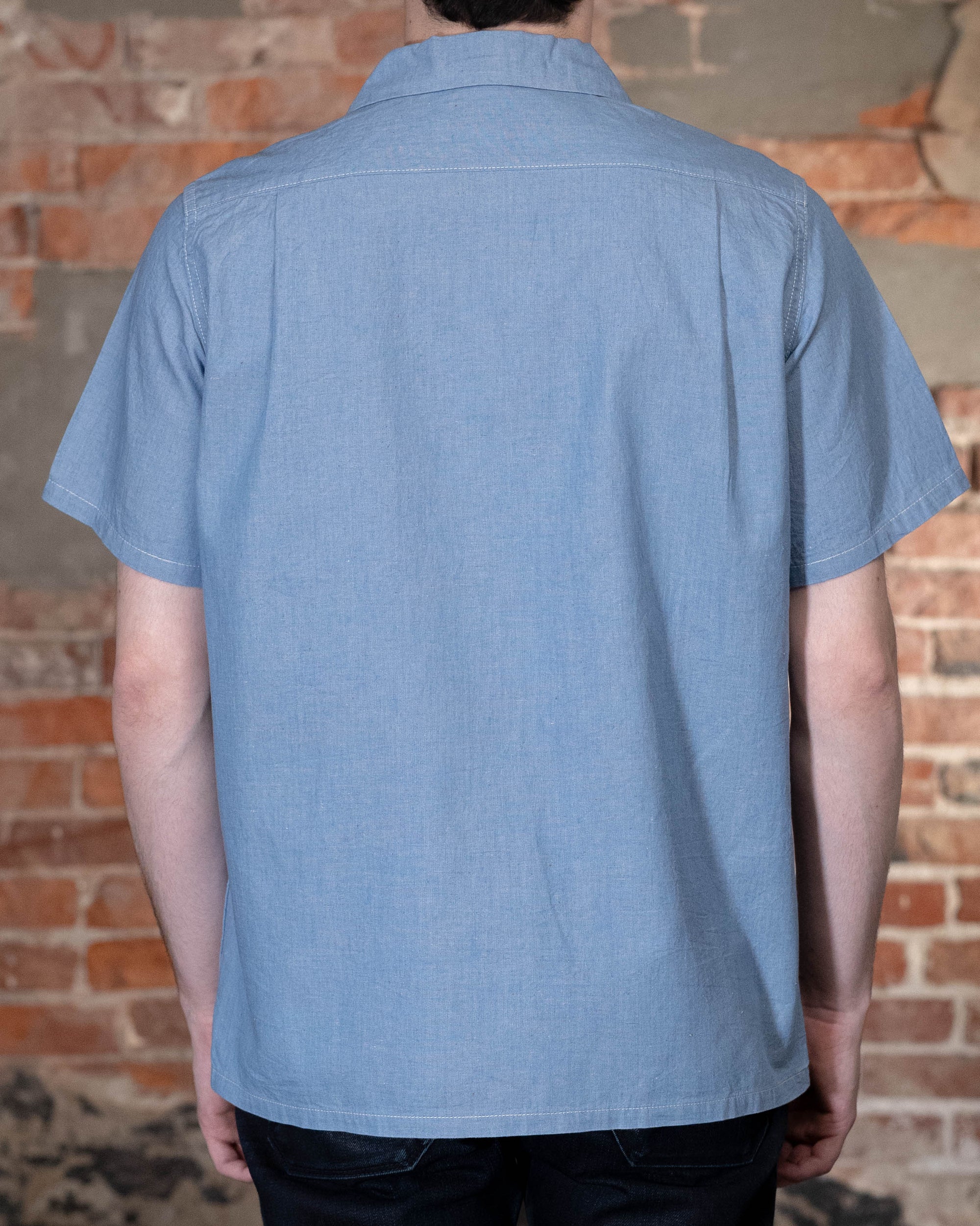 Iron Heart IHSH-447-SAX 5oz Cotton Linen Open Collar Short Sleeve Shirt - Sax Blue
