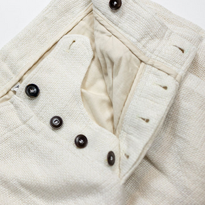 Hansen Garments Bobby Wide Pleated Trousers - Off White Gauze - product shot - close up - detail of buttons - pants open - white background