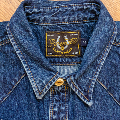 Close up of the collar of a Freenote Ranch Wear denim jacket