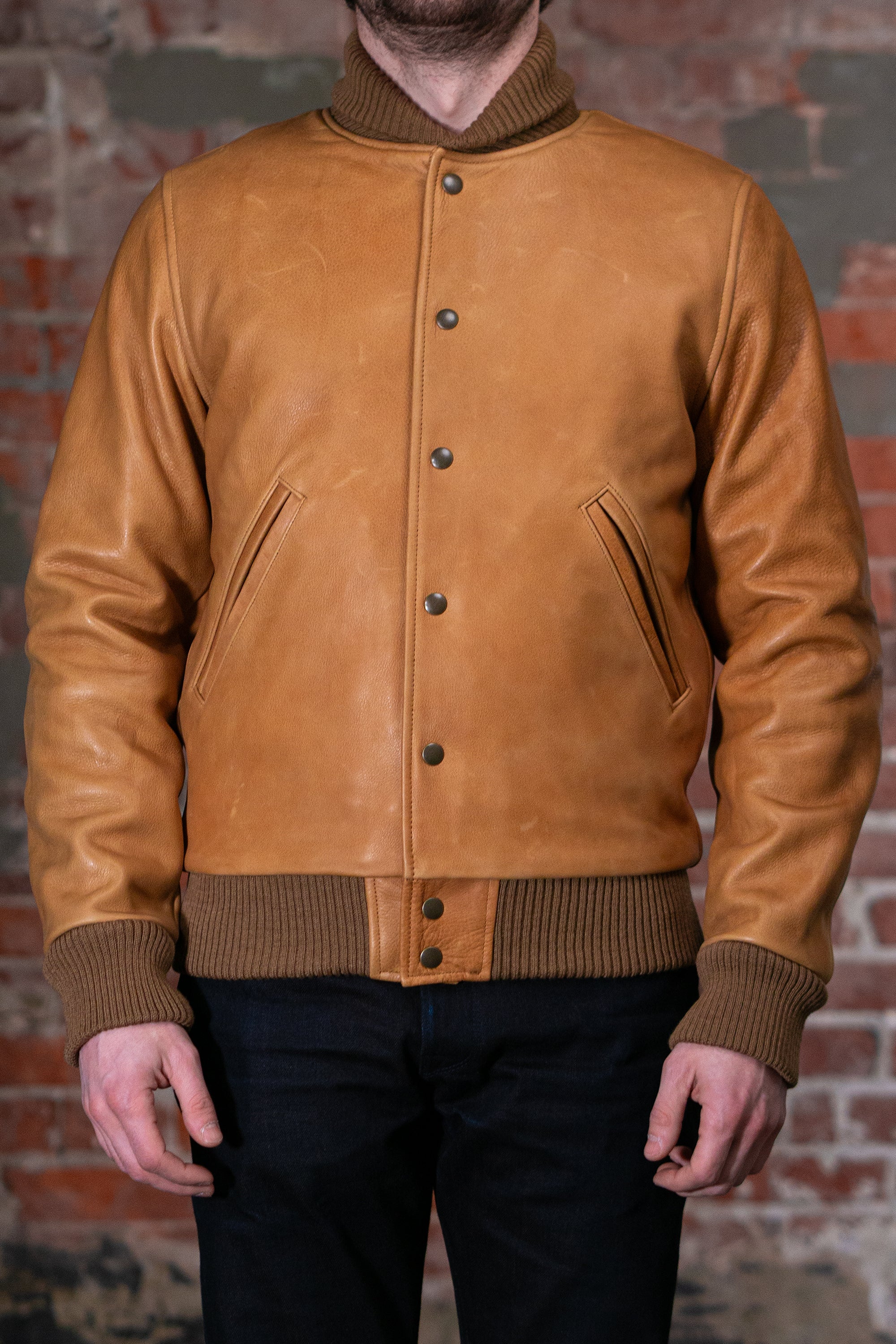 Dehen 1920 All-City Leather Jacket - Rust.  model front profile