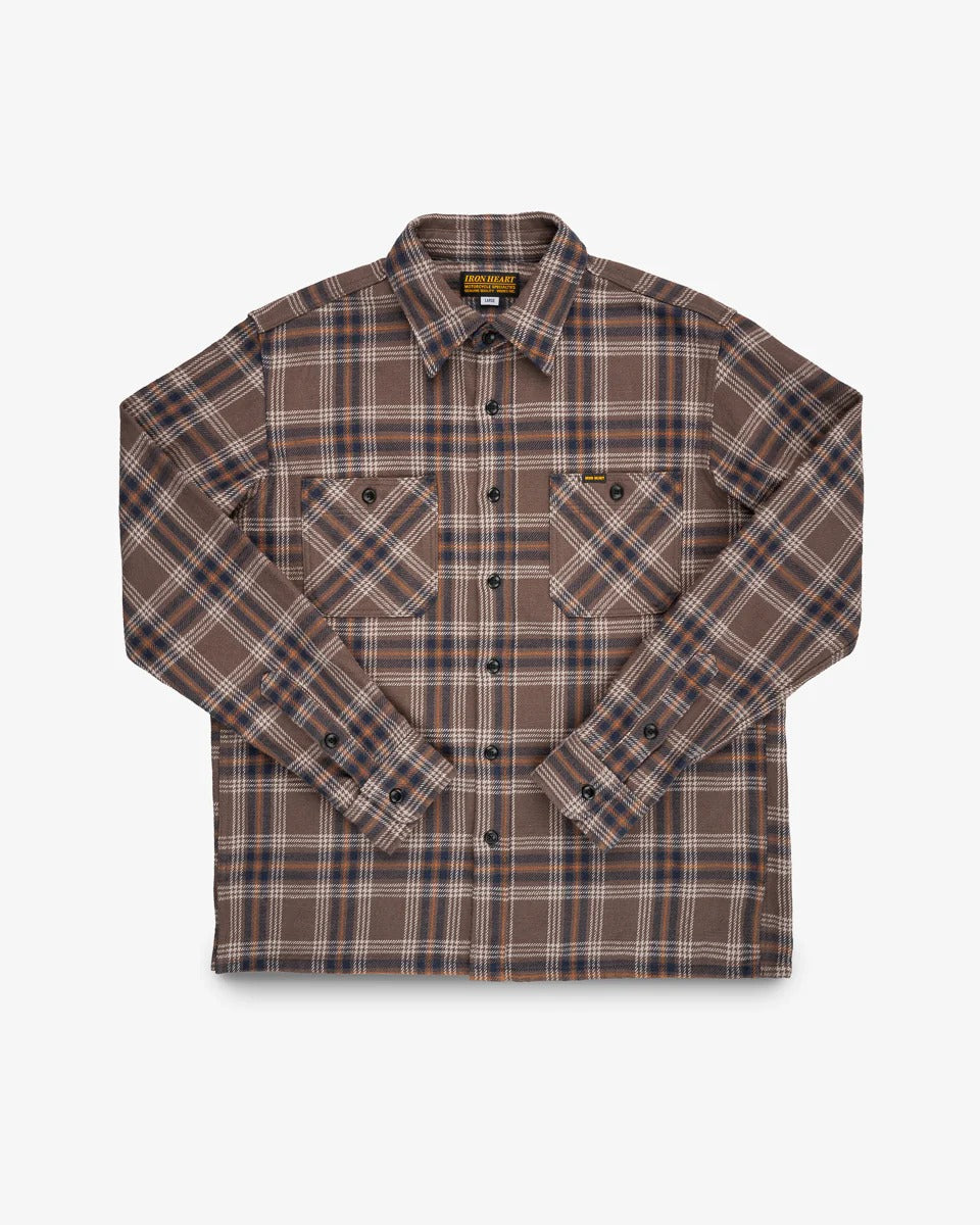 Iron Heart IHSH-430-BRN Slubby Heavy Flannel Check Work Overshirt - Brown