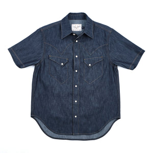 Dark indigo denim western-style short sleeve shirt with white snaps, front view laying flat