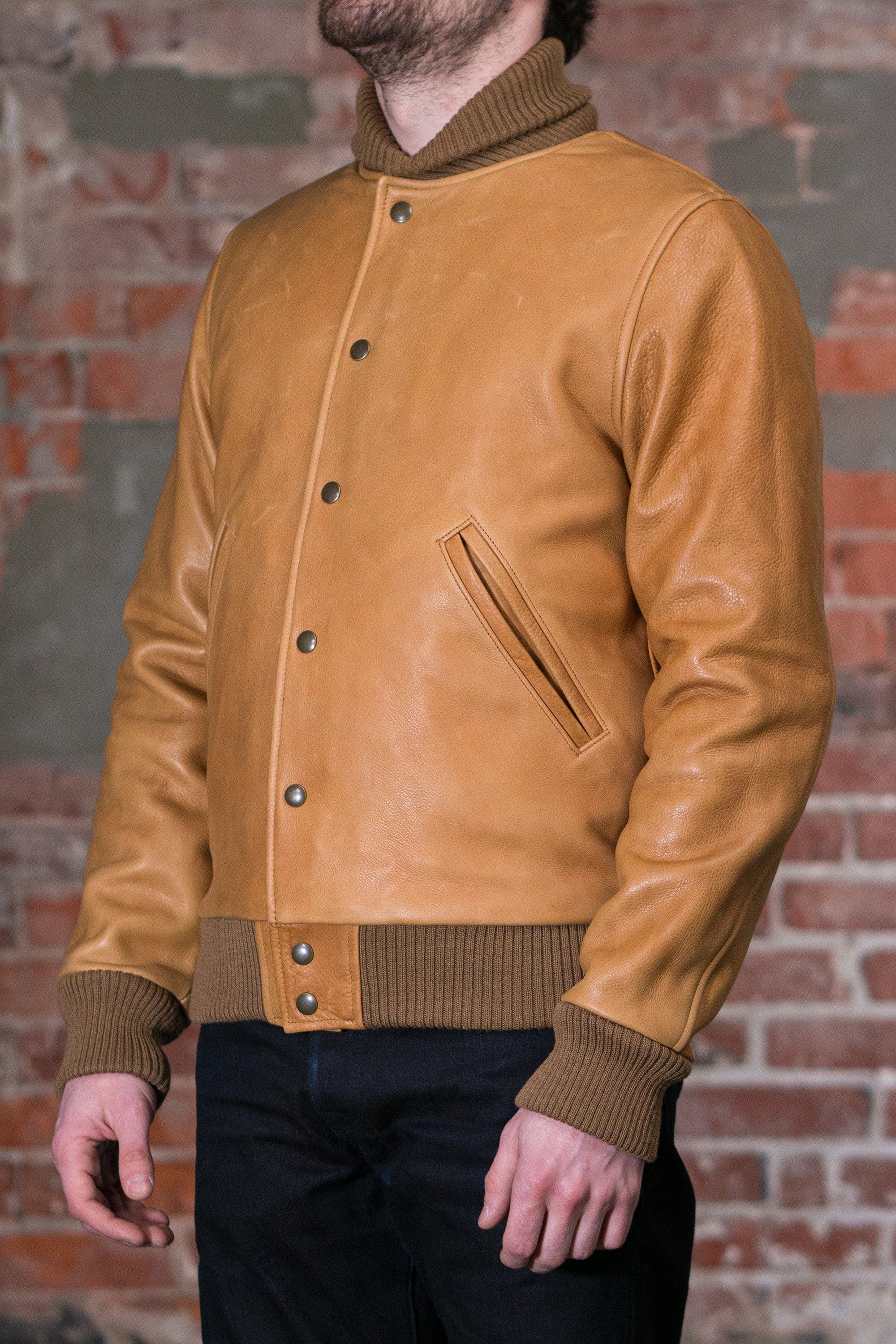 Dehen 1920 All-City Leather Jacket - Rust. model side profile