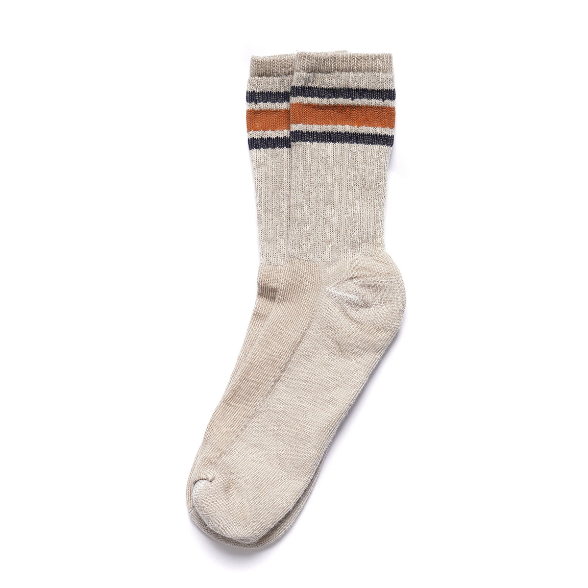American Trench Merino Activity Sock in tan with rust and navy stripes laid flat