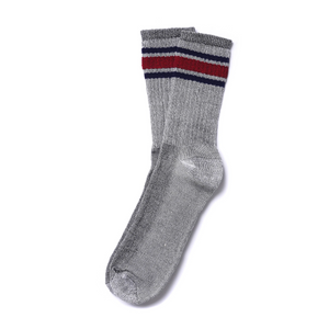 American Trench Merino Activity Sock in grey with red and navy stripes laid flat