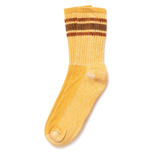 American Trench Merino Activity Sock in yellow with brown and rust stripes laid flat