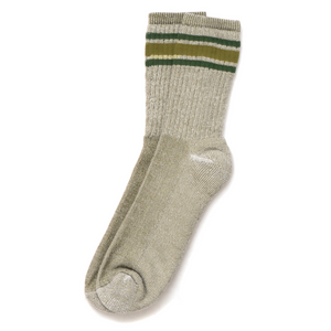 American Trench Merino Activity Sock in light green with olive and forest green stripes laid flat