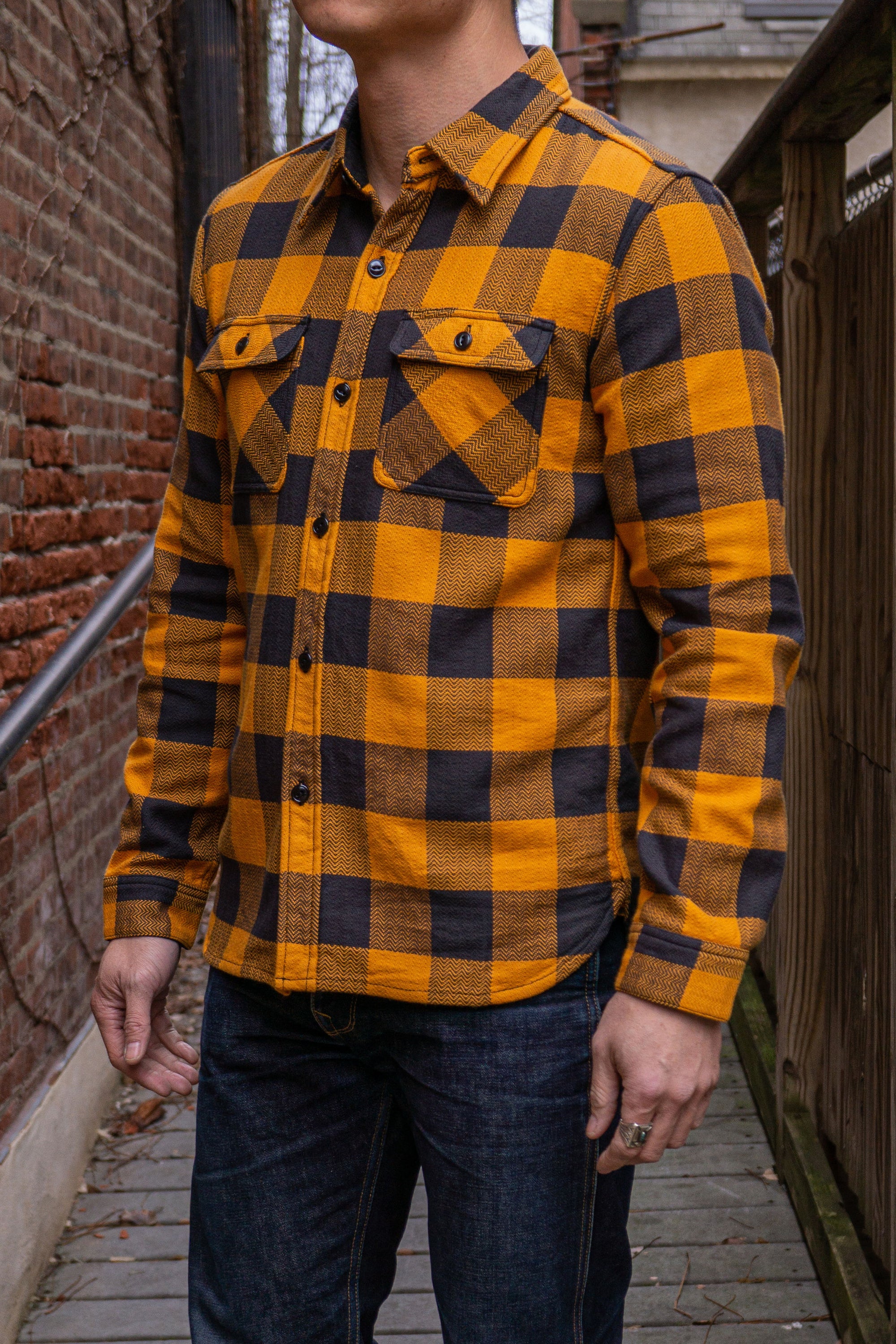 The Flat Head SNR-101L Block Check Flannel Shirt - Orange/Charcoal