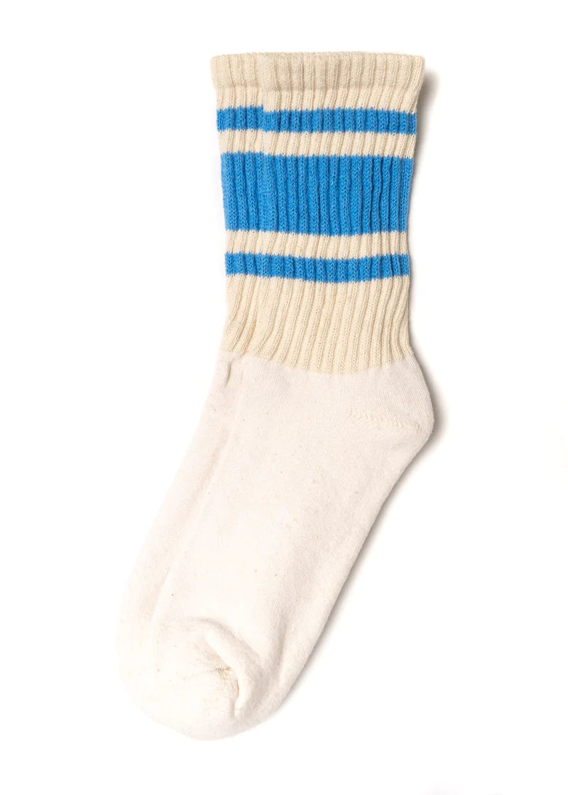 American Trench Retro Mono Sock in natural white with light blue stripes laid flat