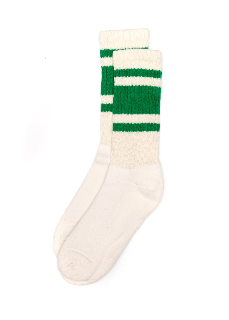 American Trench Retro Mono Sock in natural white with green stripes laid flat